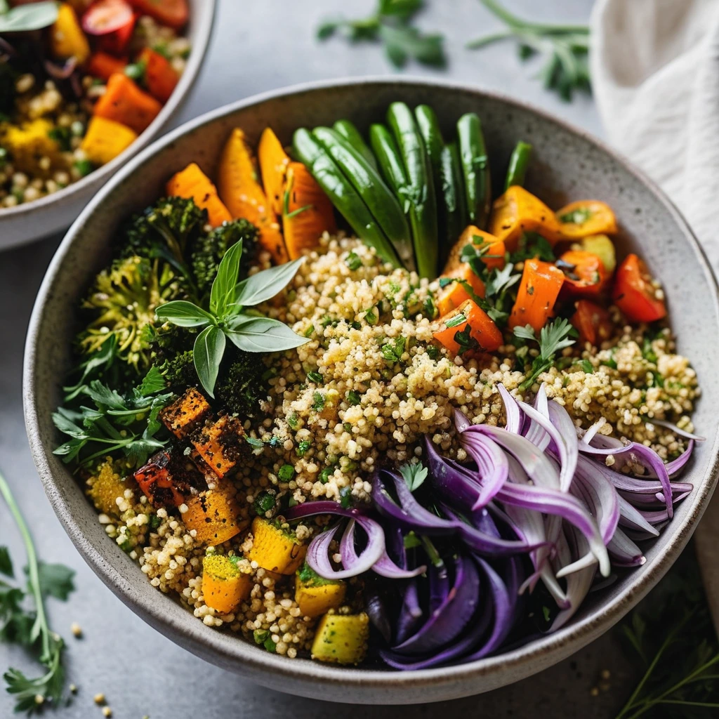 Colorful roasted vegetables and golden couscous in a shallow bowl, sprinkled with fresh herbs.
