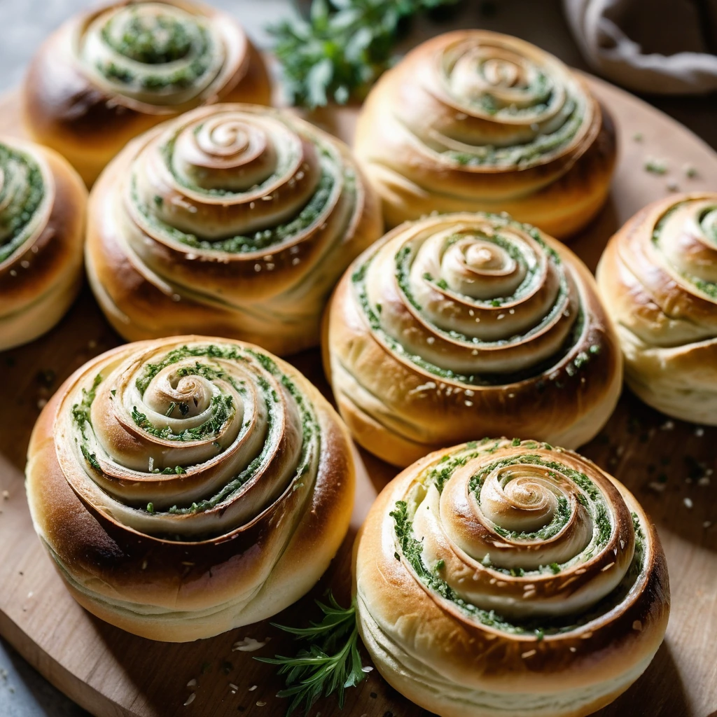 Golden brown dinner rolls with a visible swirl pattern, arranged on a rustic wooden board.