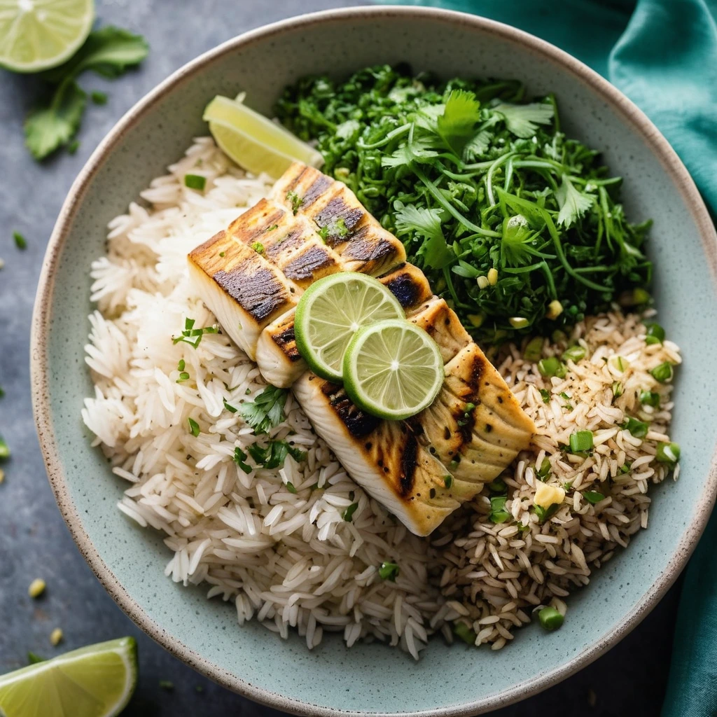 Golden mahi mahi fillet on a bed of fragrant jasmine rice, drizzled with lemon garlic butter, garnished with fresh parsley.