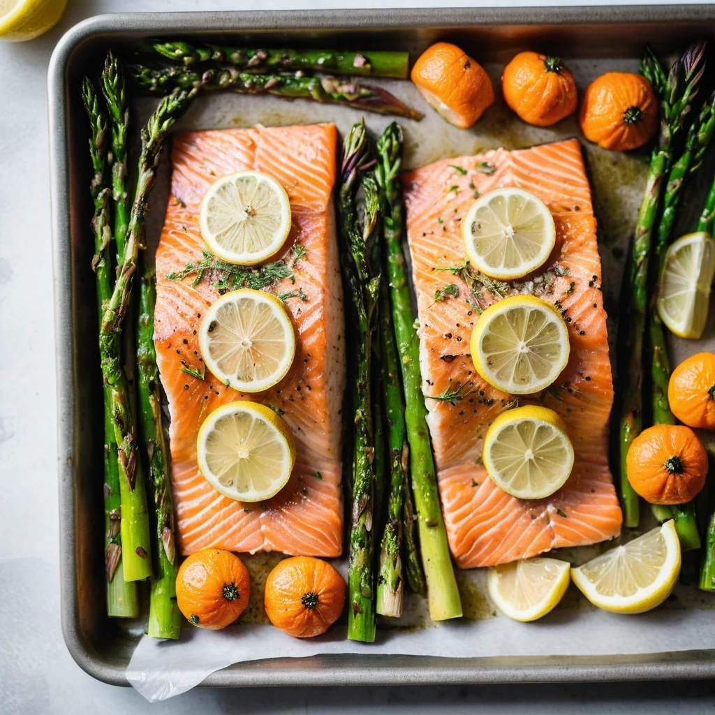 Salmon fillets on a sheet pan with roasted asparagus and carrots, drizzled with golden garlic lemon butter.