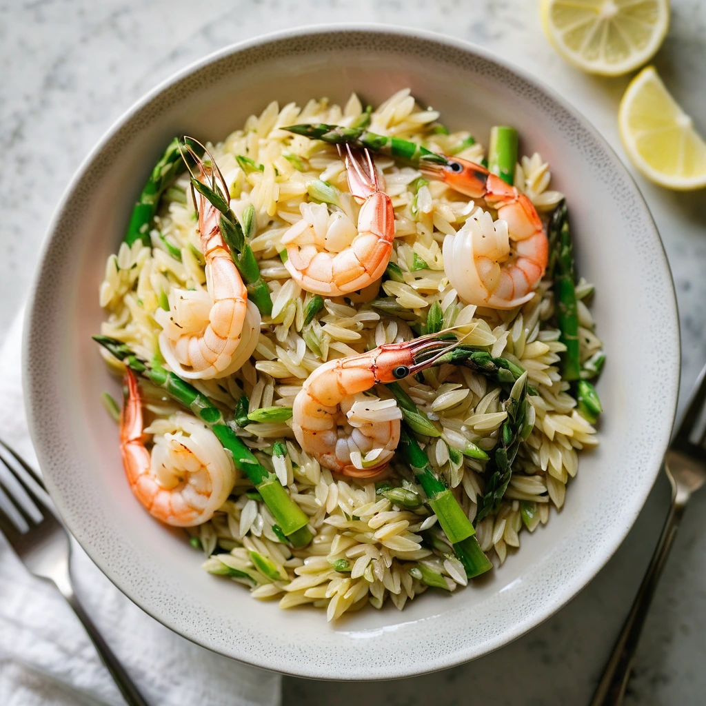 Golden orzo with green asparagus and pink shrimp in a glossy yellow sauce, served in a shallow white bowl.