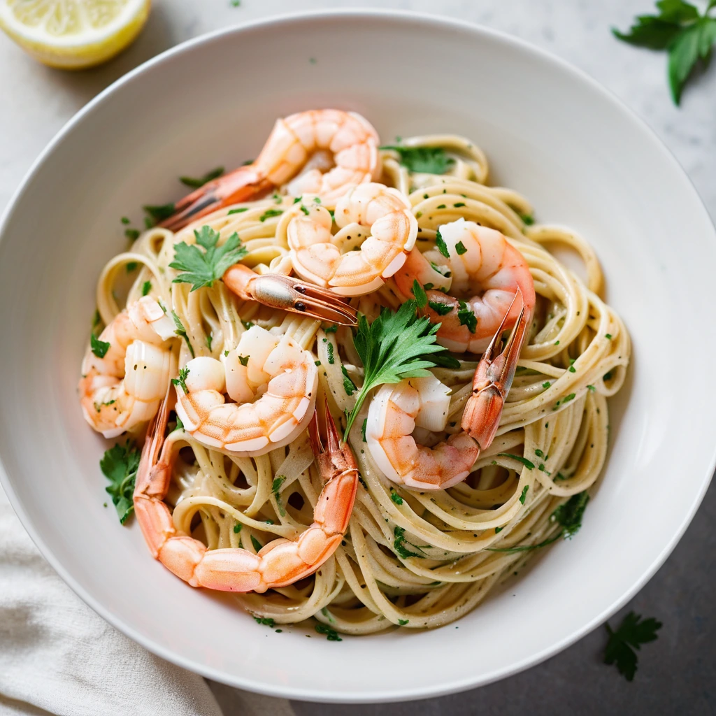 Golden linguine in a creamy sauce with plump pink shrimp, sprinkled with parsley, served in a white bowl.