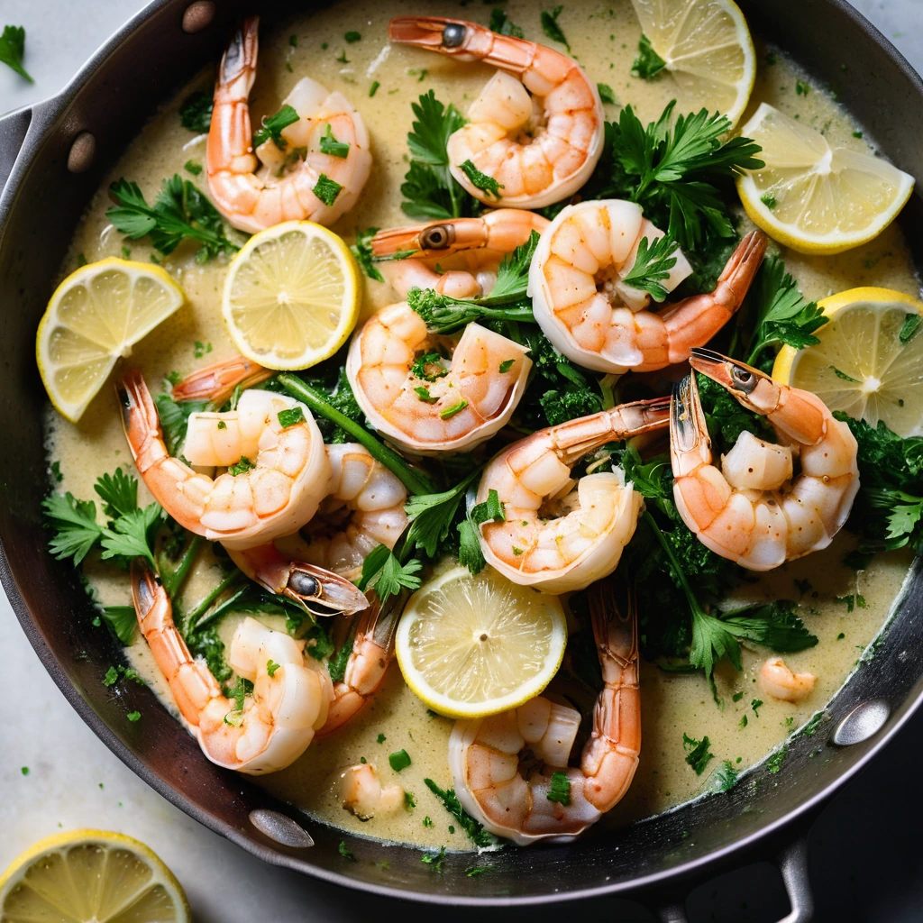 Golden shrimp in a glossy lemon butter sauce in a sizzling skillet, garnished with fresh parsley.