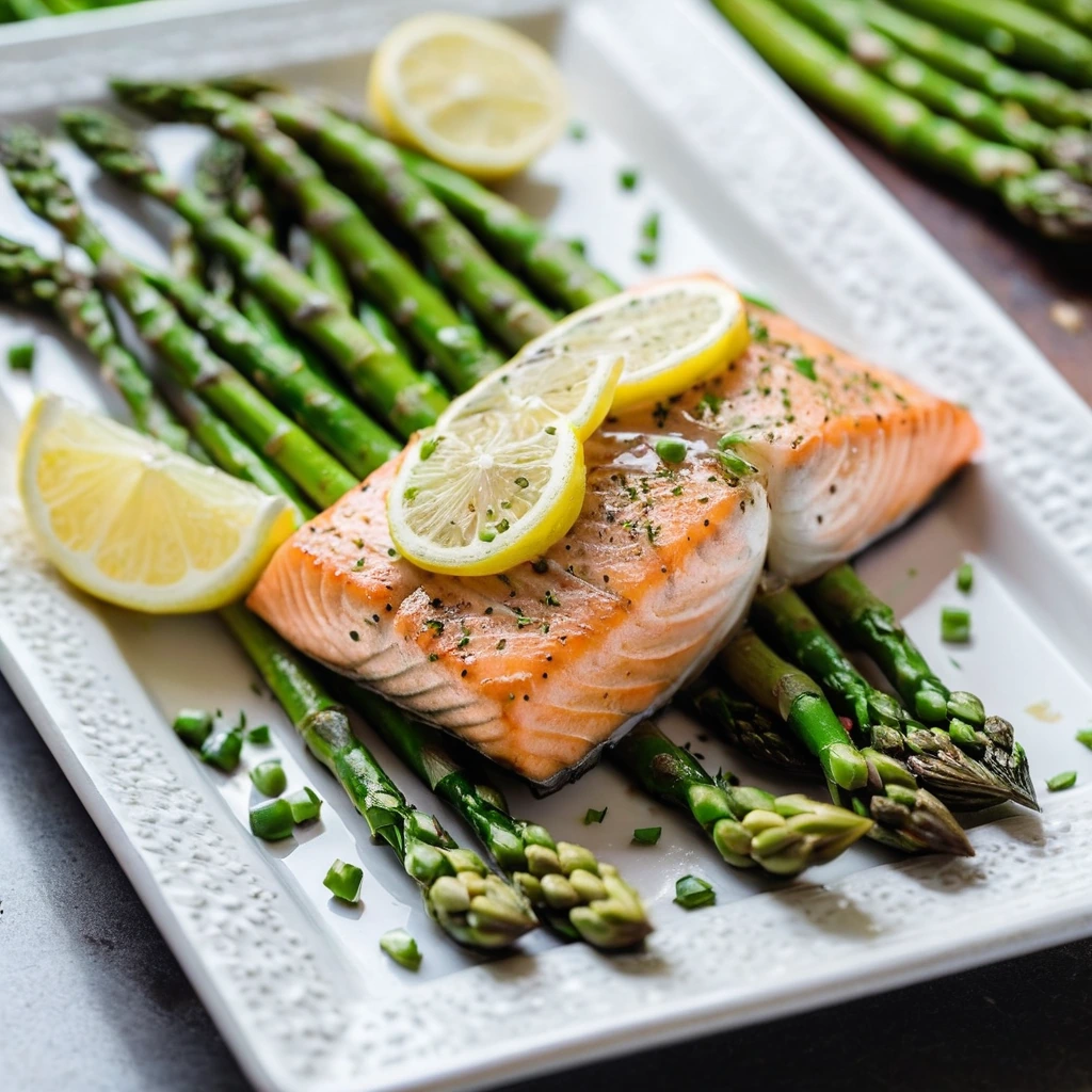 Golden salmon fillets and green asparagus roasted on a sheet pan, drizzled with lemon.