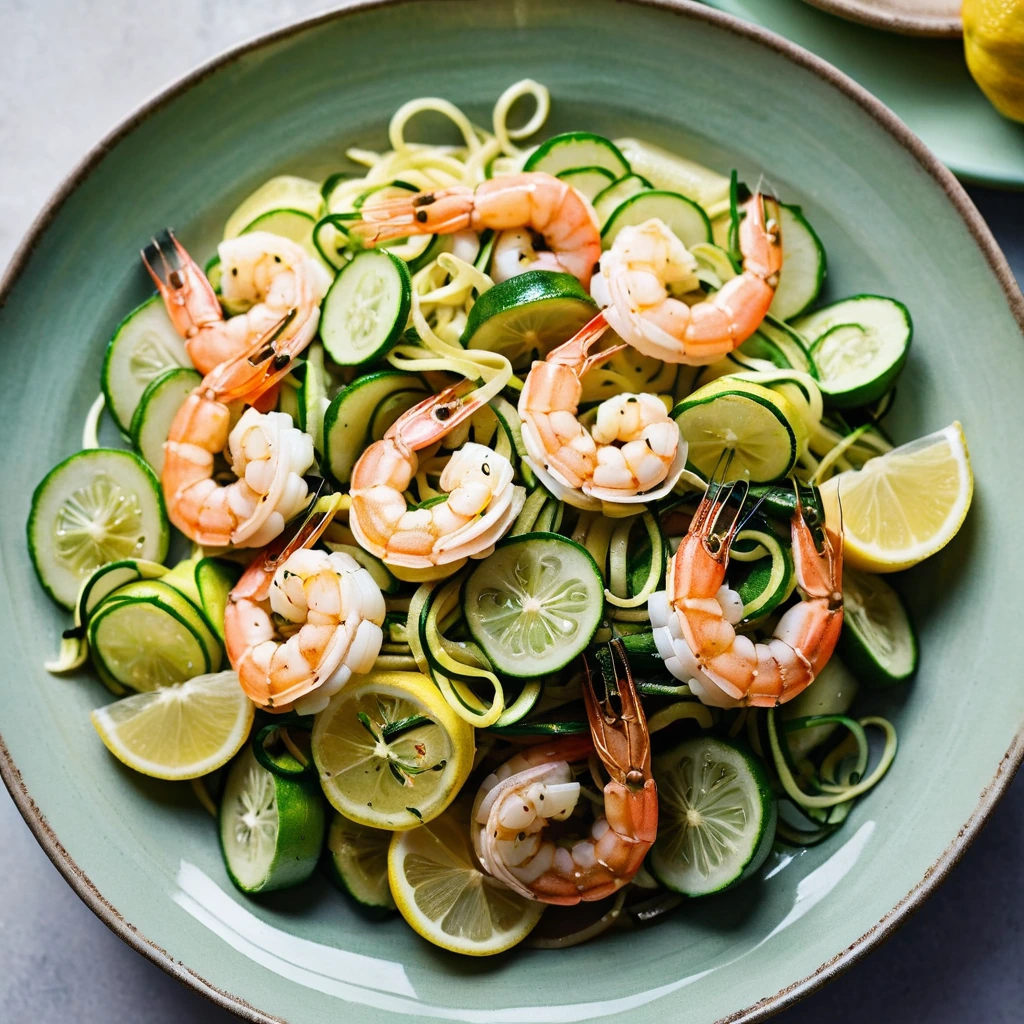 Colorful zucchini ribbons fanned out on a plate with golden shrimp in a vibrant lemon sauce.