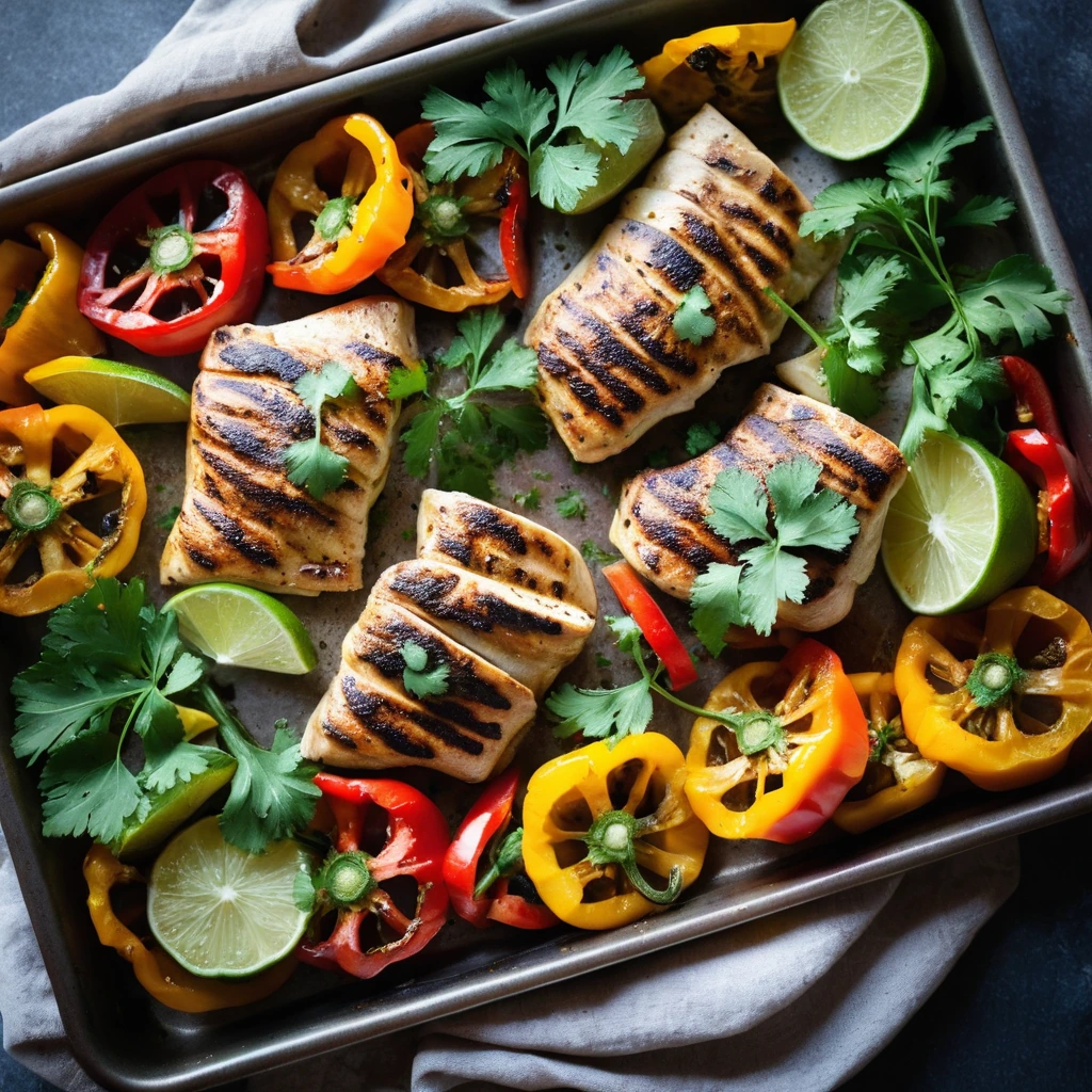 Sizzling sheet pan with golden chicken thighs and roasted bell peppers, garnished with fresh cilantro.