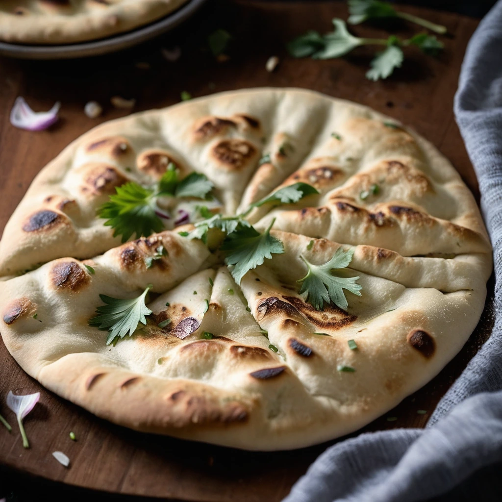 Golden naan bread with flecks of roasted garlic nestled on a rustic wooden board.