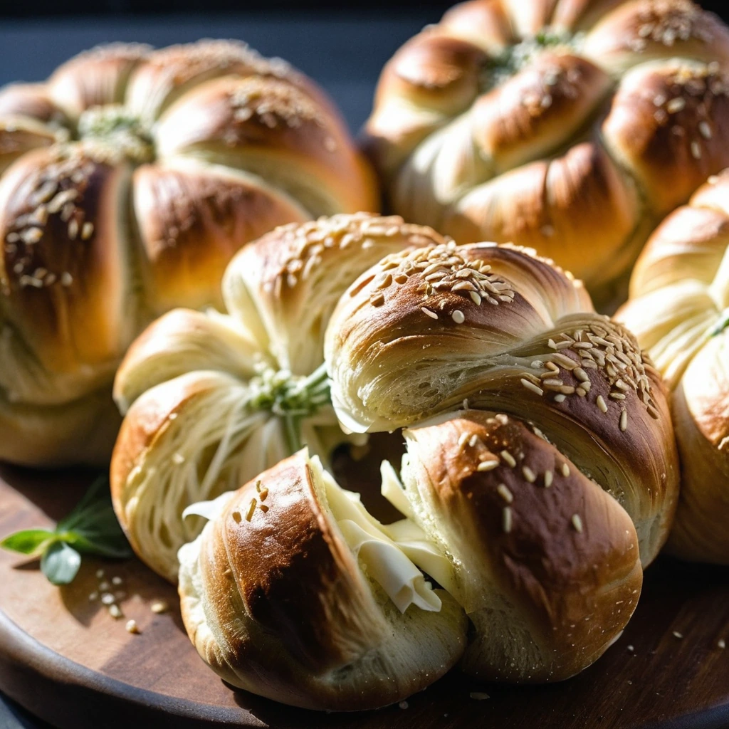 Golden pretzel rolls pulled apart with melted garlic parmesan cheese in a cast iron skillet.