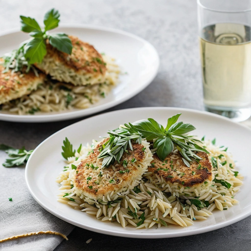 Plated dish with golden chicken cutlets and green herb-speckled orzo on a white plate.