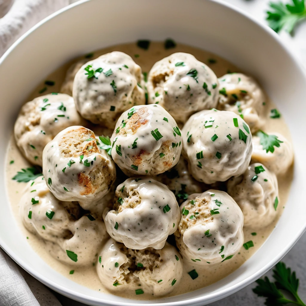 Golden brown chicken meatballs in a creamy white sauce, sprinkled with green parsley, served in a white bowl.