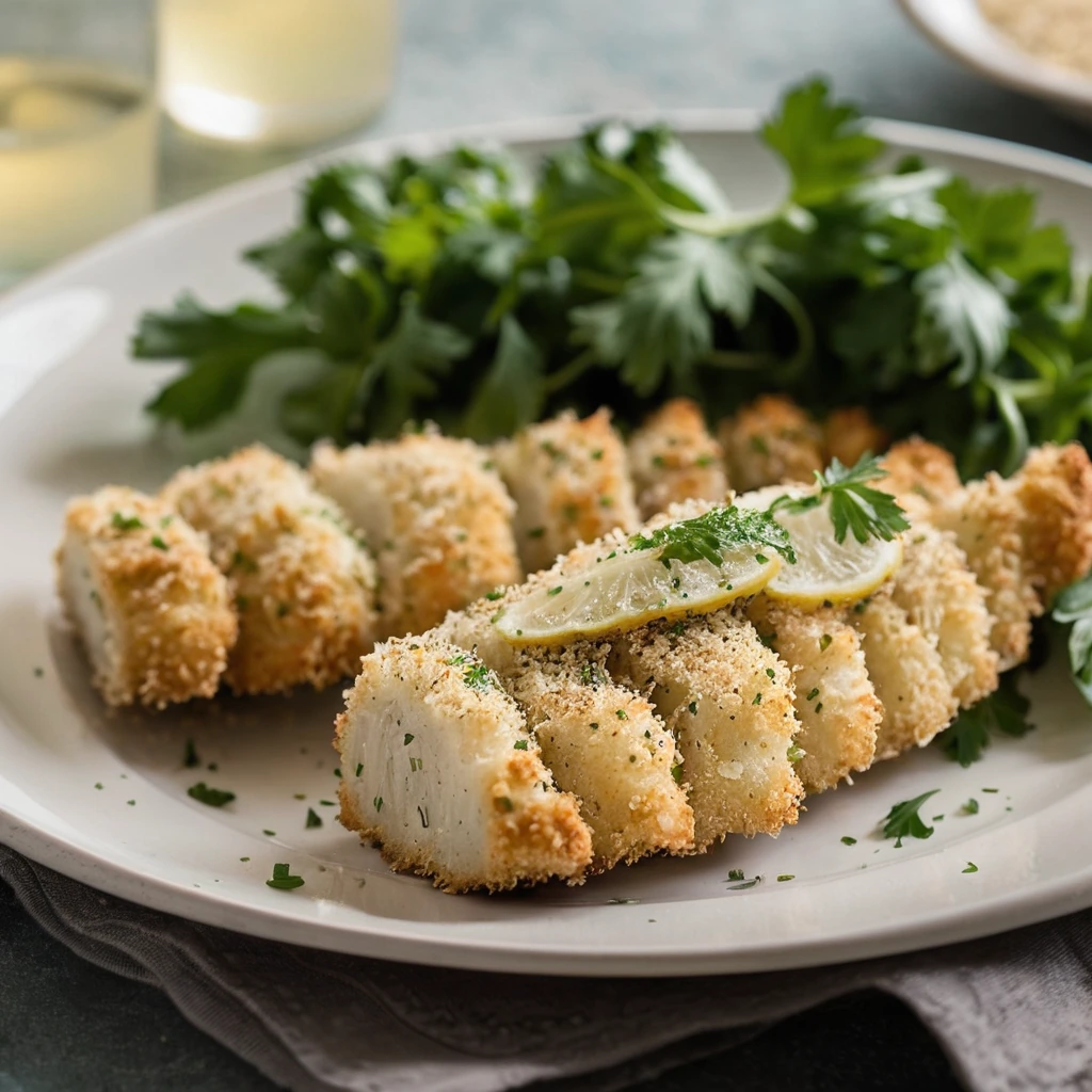 Baked chicken tenders in a golden crust, sprinkled with parsley on a serving platter.