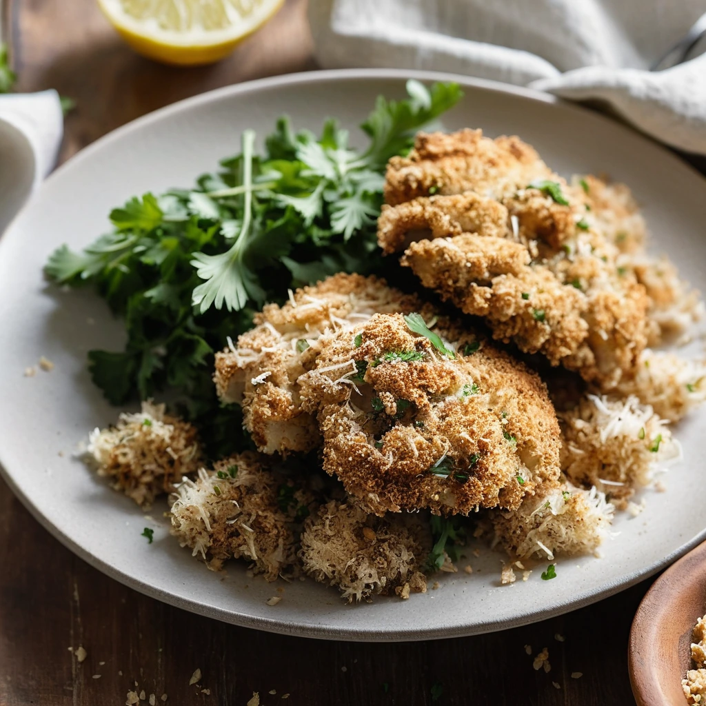 Plate of golden chicken thighs with a crispy breadcrumb coating, garnished with fresh parsley.