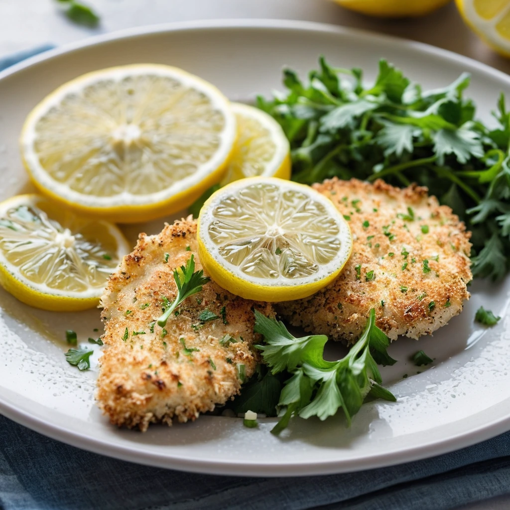 Plated golden chicken cutlets topped with lemon wedges and a sprinkle of parsley