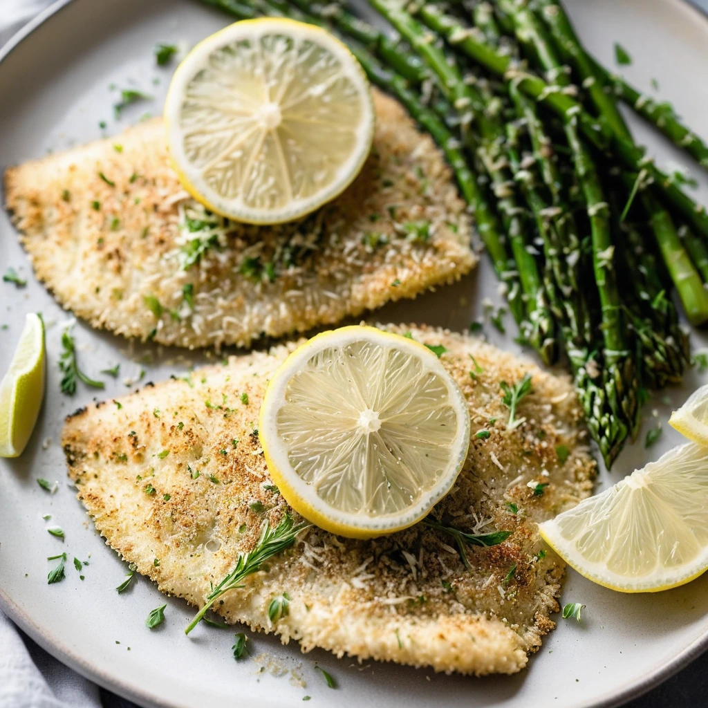 Four tilapia fillets on a sheet pan, golden brown crust with melted parmesan and green herbs, served with lemon wedges.