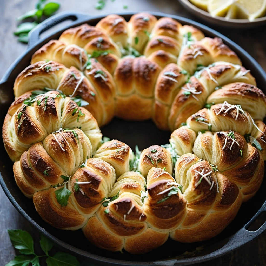 Pull-apart bread in a round cast iron skillet, golden brown with melted butter and flecks of green parsley.