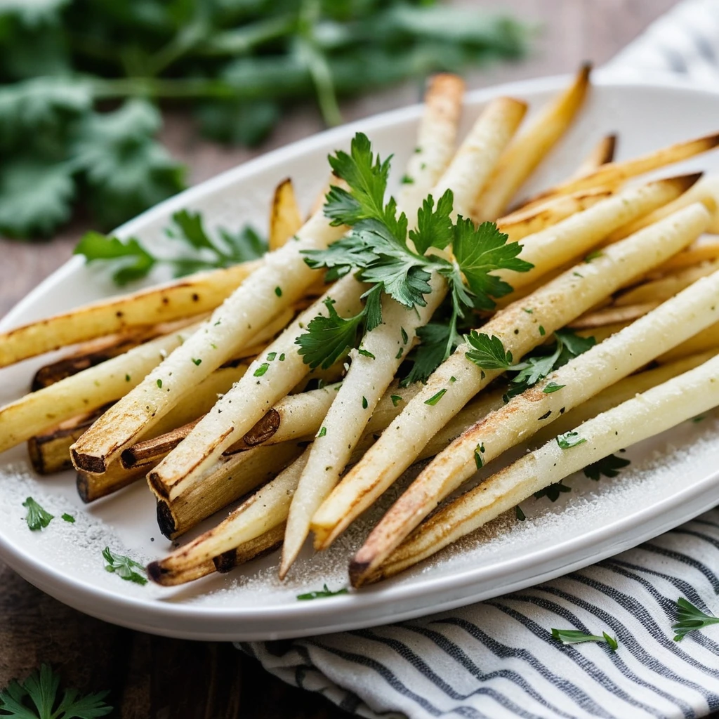Crispy golden parsnip fries sprinkled with parmesan and fresh parsley on a white plate.