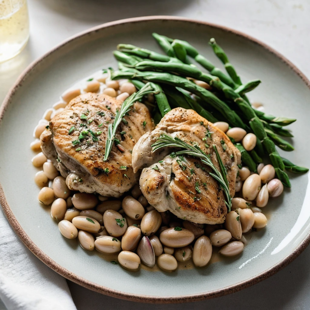 Golden chicken thighs nestled among white beans, drizzled with a rich, herb-speckled sauce.