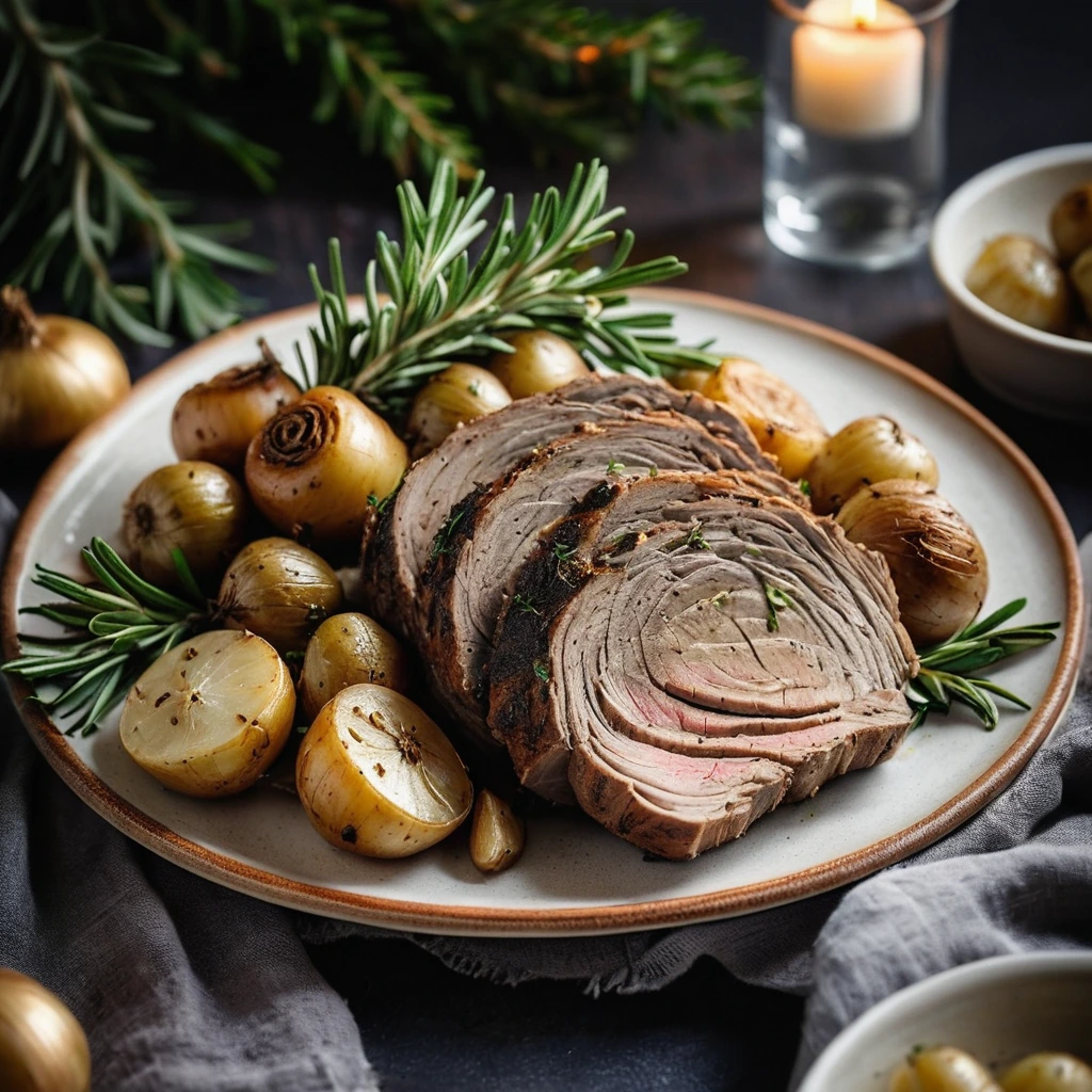 Golden-brown pork roast surrounded by caramelized baby potatoes on a rustic platter, garnished with fresh rosemary sprigs.