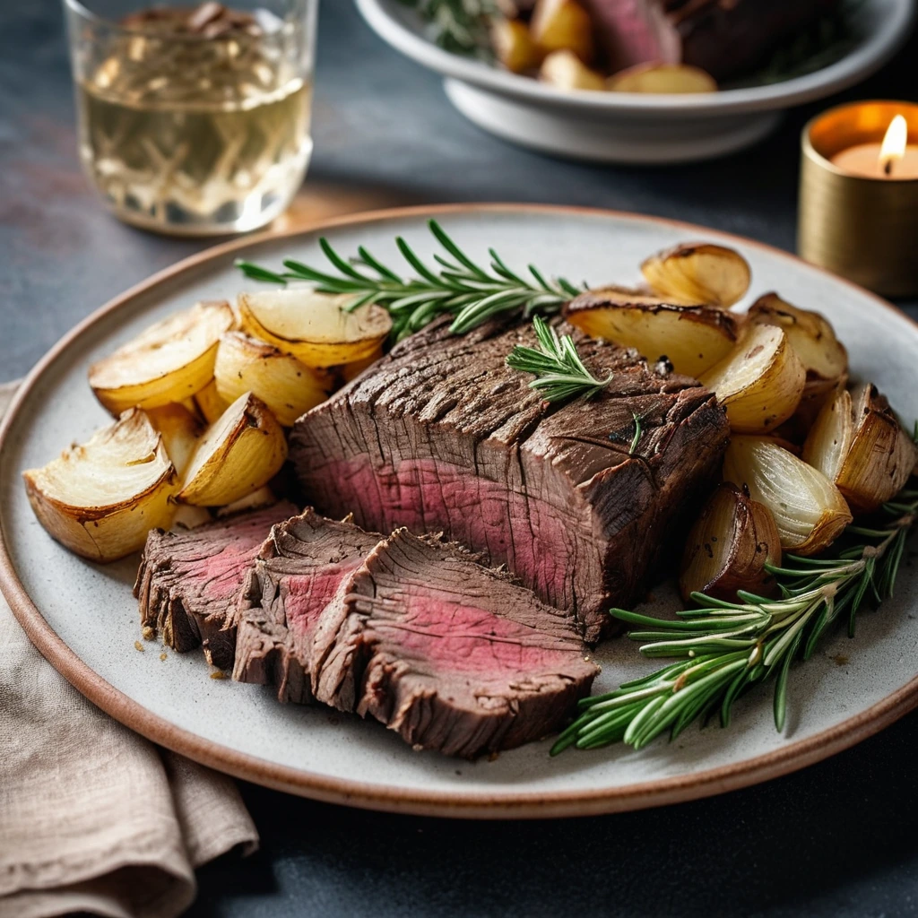 Platter of sliced roast beef with crispy golden potatoes, fresh rosemary sprigs, and a drizzle of pan juices.