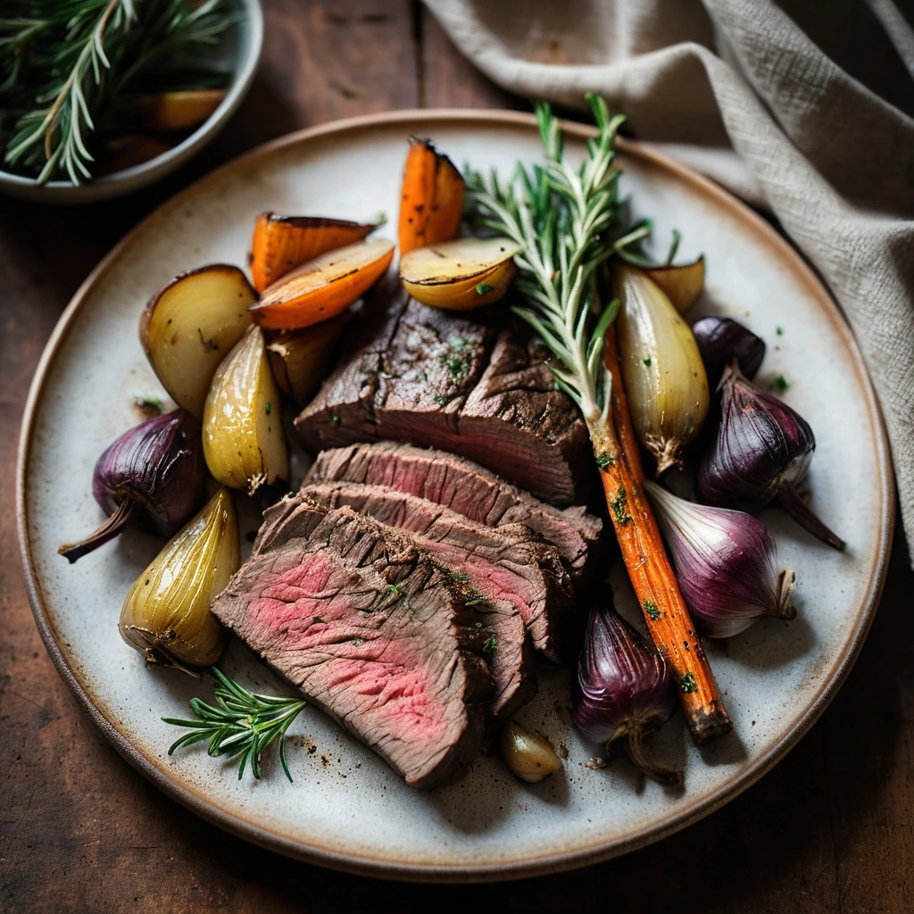Golden roasted root vegetables and a succulent beef roast, sprinkled with fresh rosemary on a rustic platter.