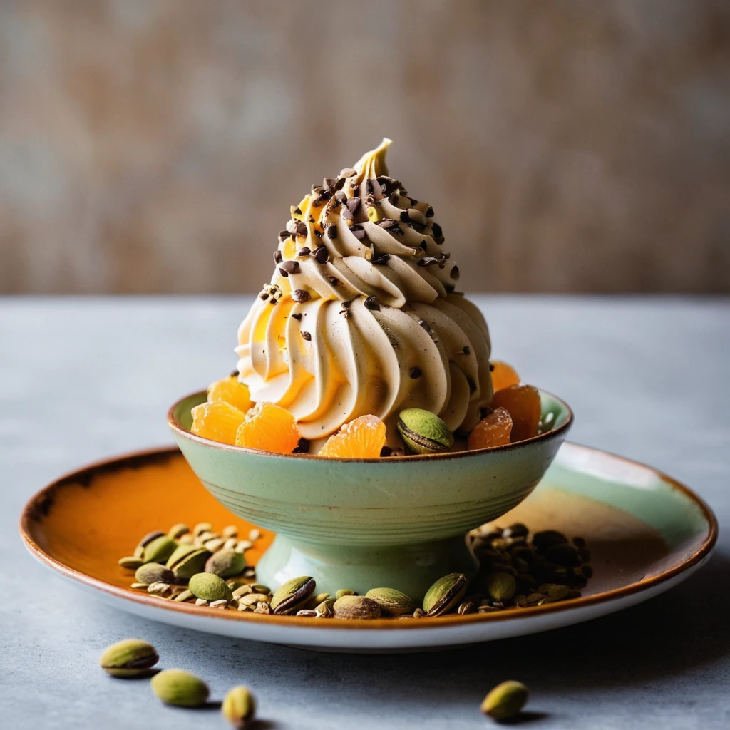 A bowl of vibrant orange gelato topped with a sprinkle of pistachios and a drizzle of chocolate sauce.