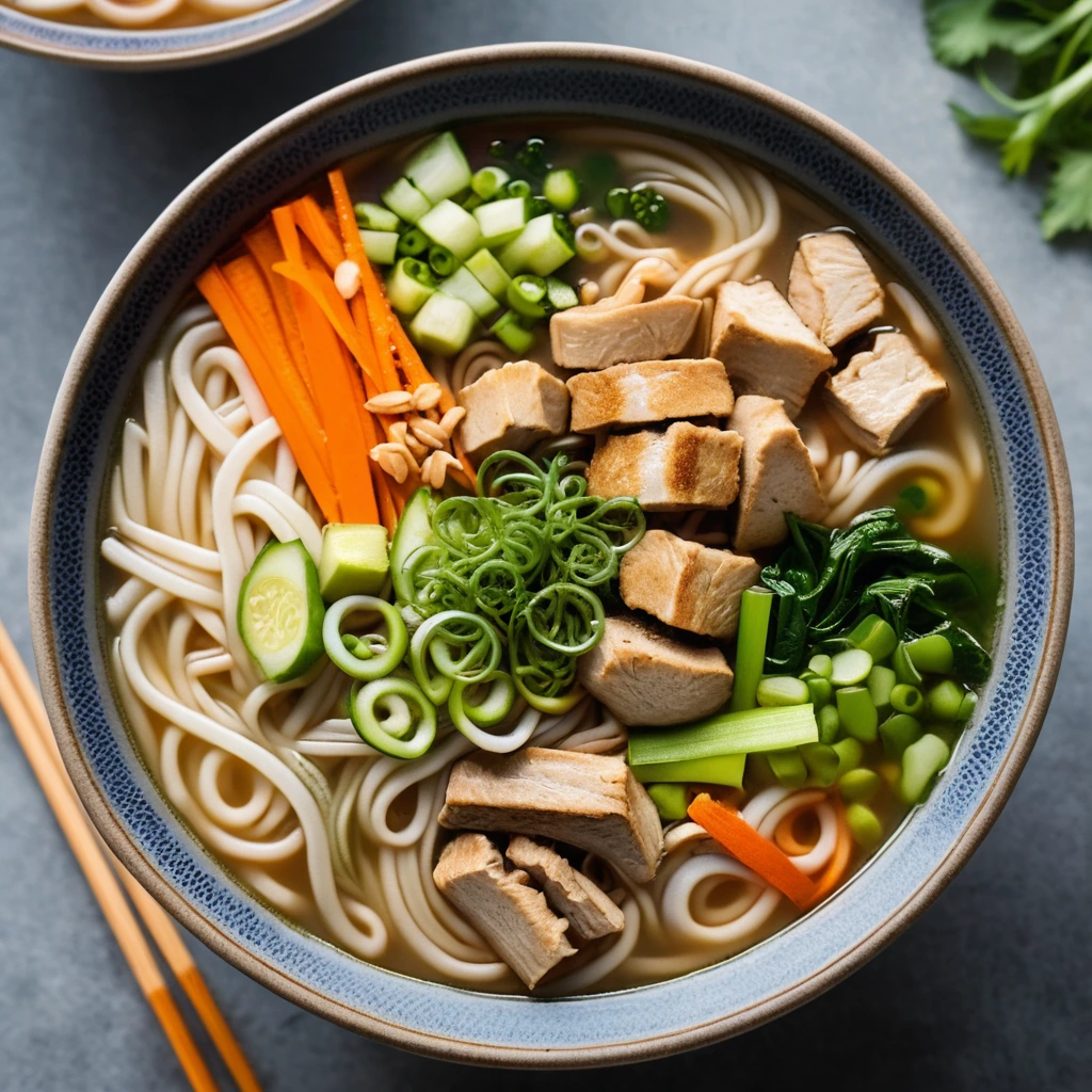 Bowl of steamy soup with chicken pieces, colorful vegetables, and thick udon noodles in a golden broth, garnished with green onions.