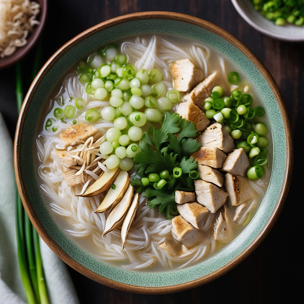 Steamy bowl of golden congee topped with vibrant green scallions and flecks of ginger.