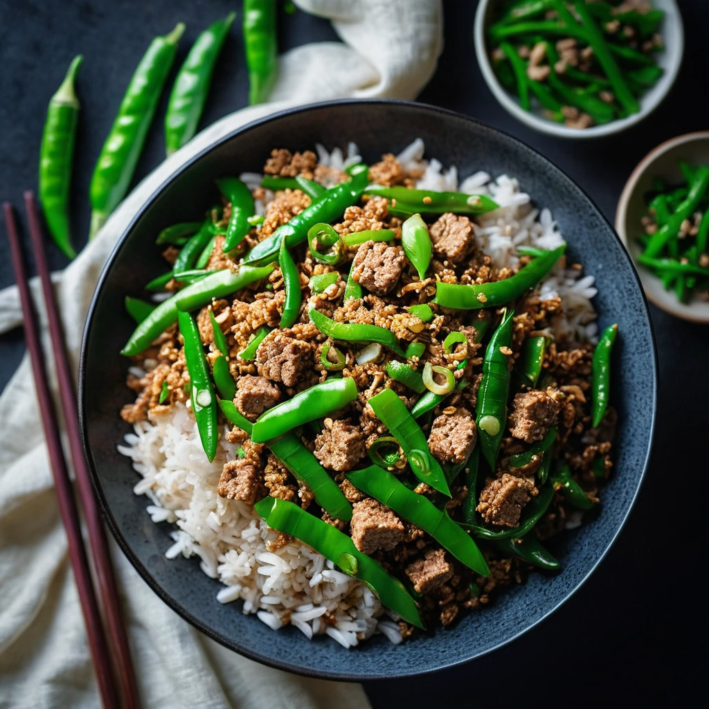 Green beans and ground pork sizzled in a wok, garnished with scallions, vibrant green and golden brown.