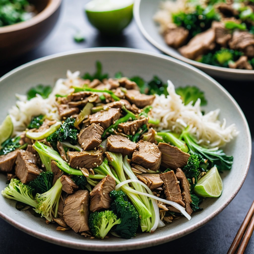 Colorful stir fry in a sizzling skillet with green cabbage, white pork slices, and flecks of ginger.
