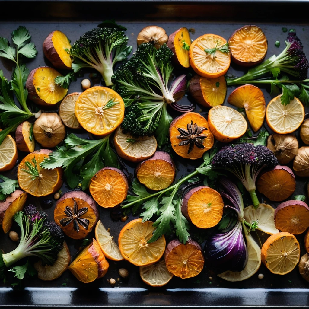 Colorful roasted winter vegetables on a baking sheet, glossy with miso glaze, garnished with fresh parsley.