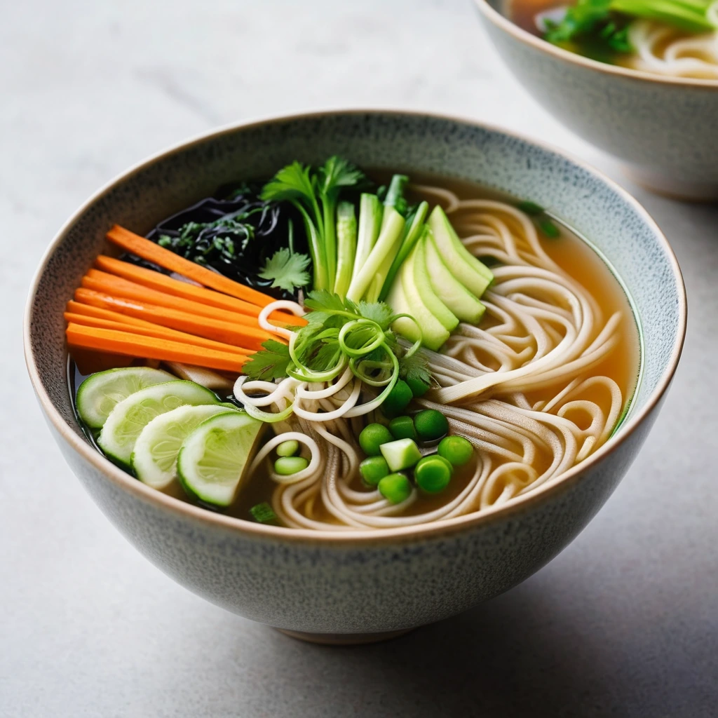 A steaming bowl of miso soup with noodles, carrots, and green vegetables, garnished with scallions.