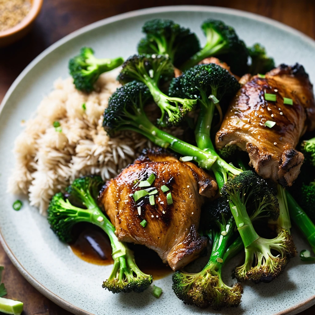 Golden roasted broccoli on a platter with glossy soy-glazed chicken thighs, garnished with green scallions.