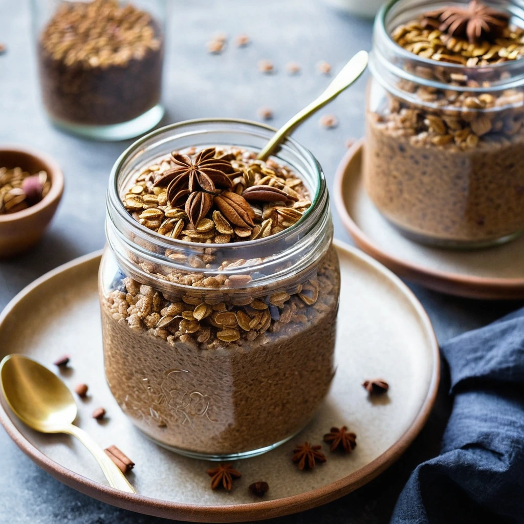 Bowl of thick, golden-brown overnight oats topped with a drizzle of molasses and a sprinkle of cinnamon.