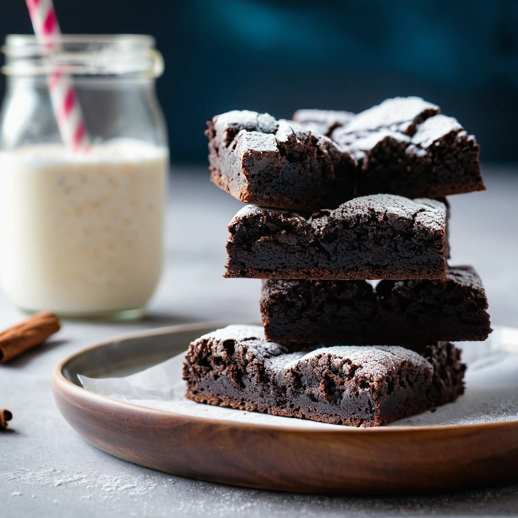 A plate of square, dark brown, glossy brownies with a sprinkle of powdered sugar on top.