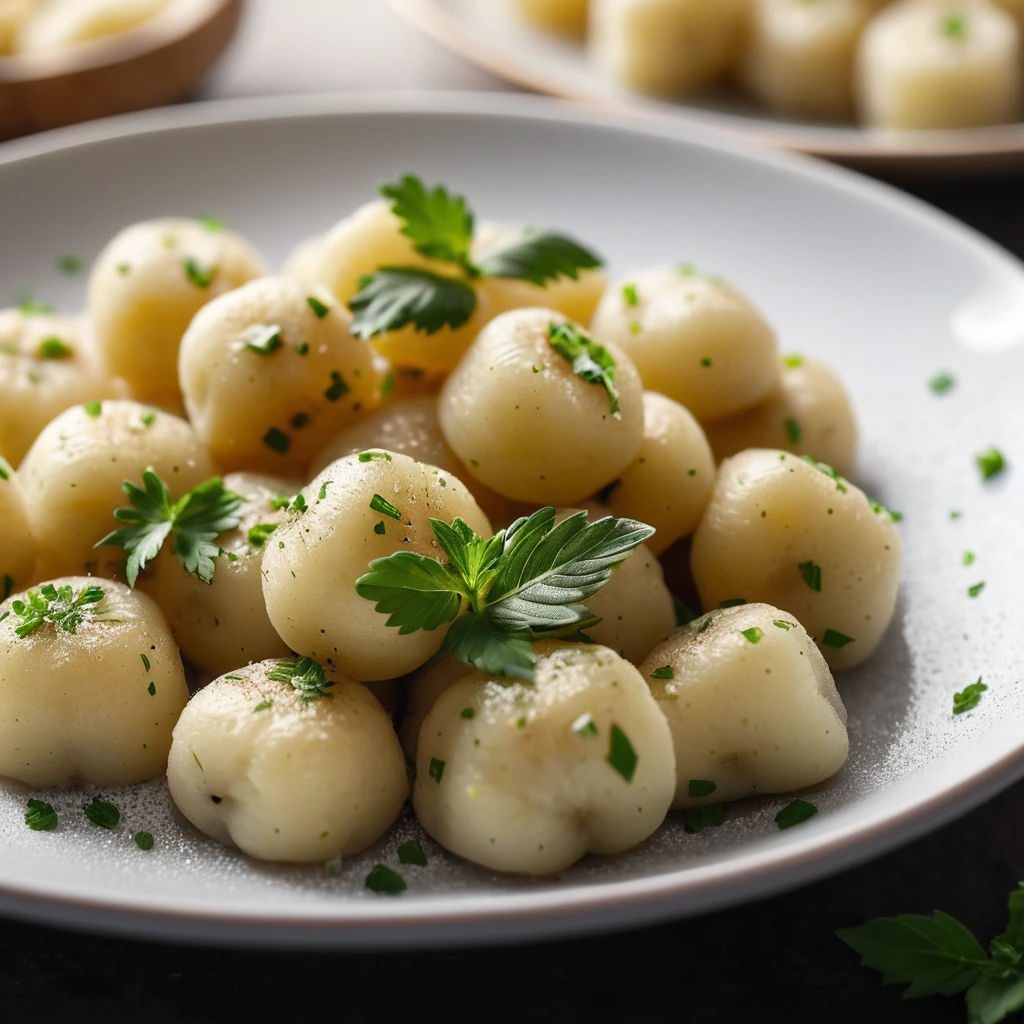 Steamy plate of golden brown gnocchi with a sprinkle of fresh parsley.