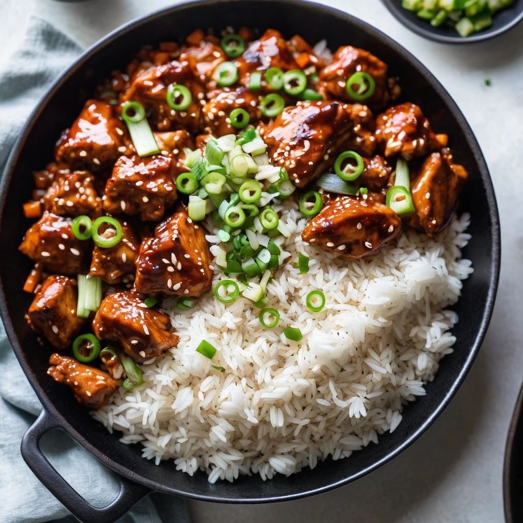 Colorful skillet with juicy chicken pieces over white rice, topped with vibrant green scallions.