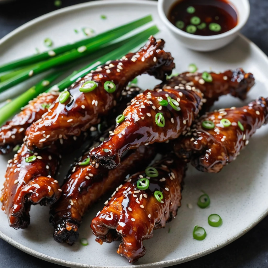 Golden crispy chicken wings glazed with a shiny red sauce, sprinkled with sesame seeds and green scallions on a white plate.