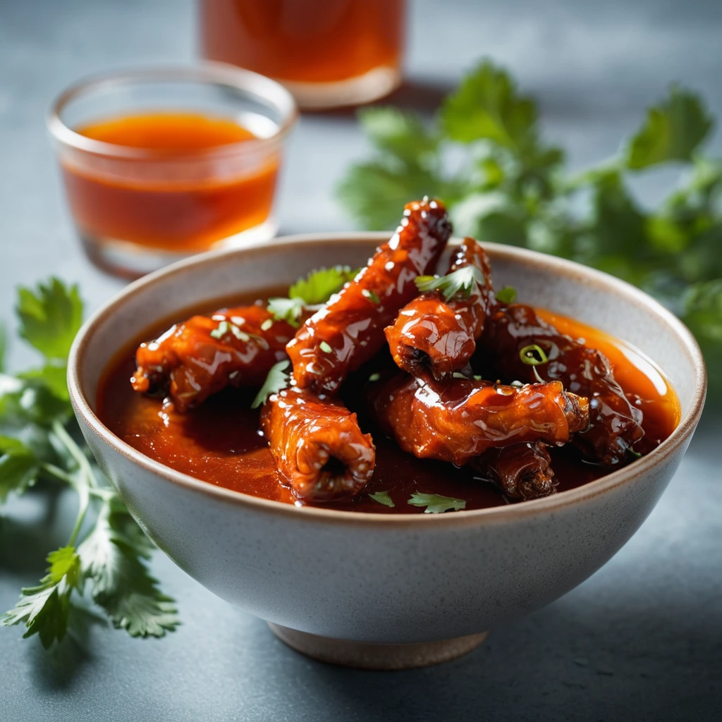 Glistening orange sauce in a bowl, vibrant with red pepper flakes and garnished with fresh cilantro.