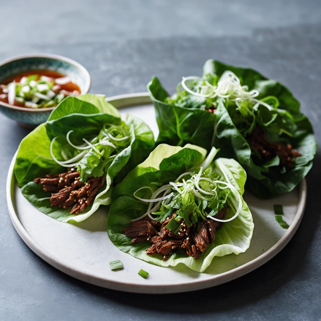 Crisp lettuce leaves stuffed with glossy, dark red gochujang-infused pork, garnished with green scallions.