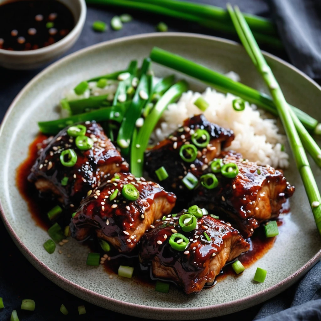 Glossy, dark red chicken thighs on a platter with green scallions and sesame seeds scattered on top.