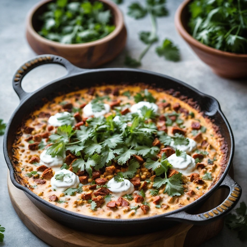 A golden, bubbling skillet filled with melted cheese and bits of chorizo, sprinkled with fresh cilantro.