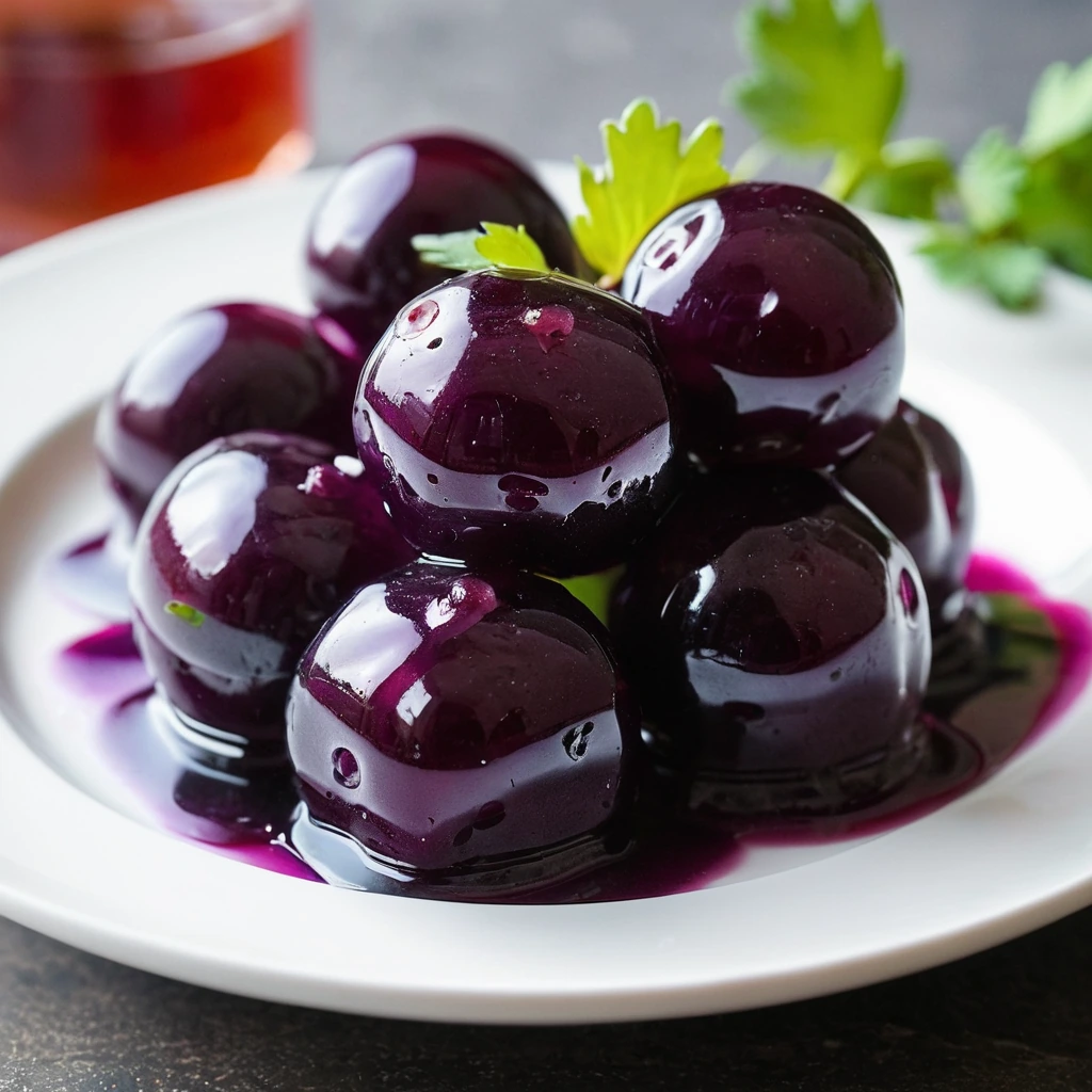 Brown meatballs glazed with a glossy purple sauce, garnished with fresh parsley on a white platter.