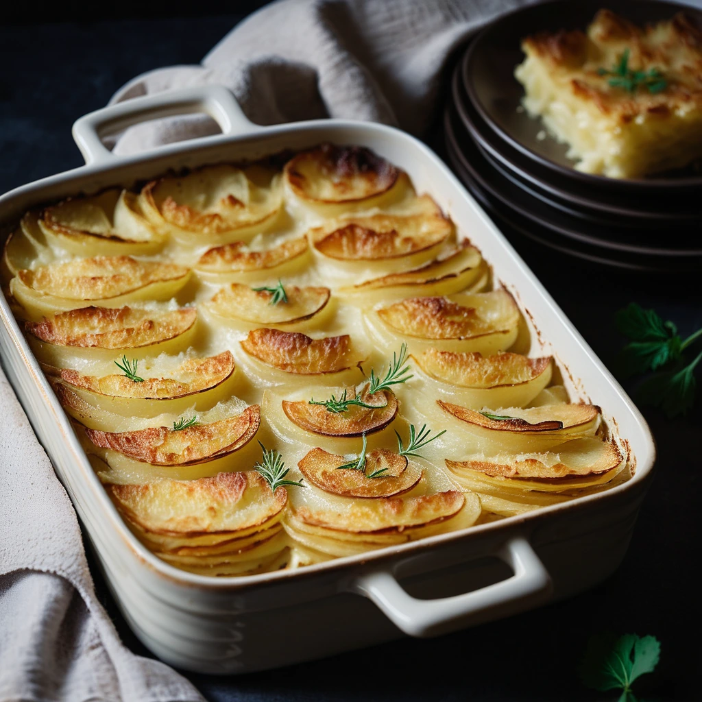 A golden-brown, bubbling gratin in a baking dish, with layers of thinly sliced potatoes visible.