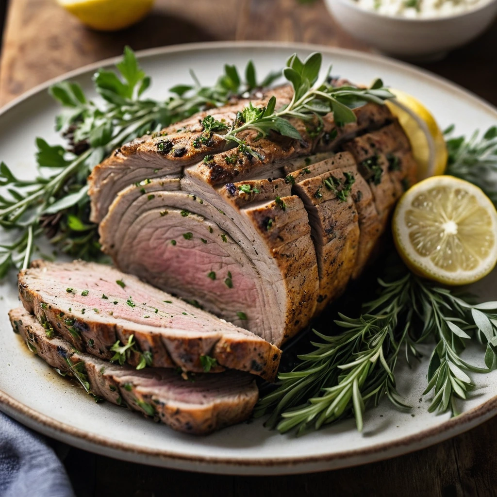 Golden brown pork loin roast on a rustic platter, garnished with fresh herbs and lemon slices.