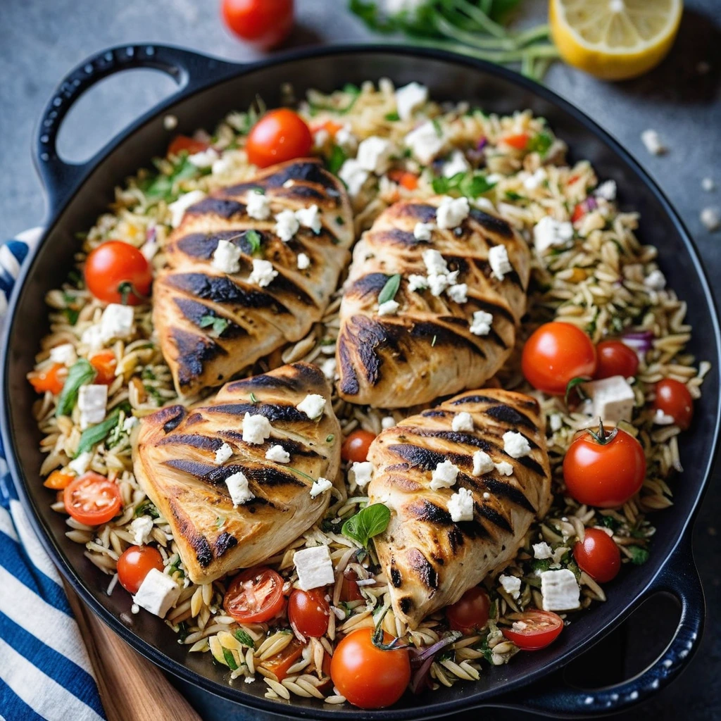 Colorful skillet with golden orzo, grilled chicken, tomatoes, and feta cheese