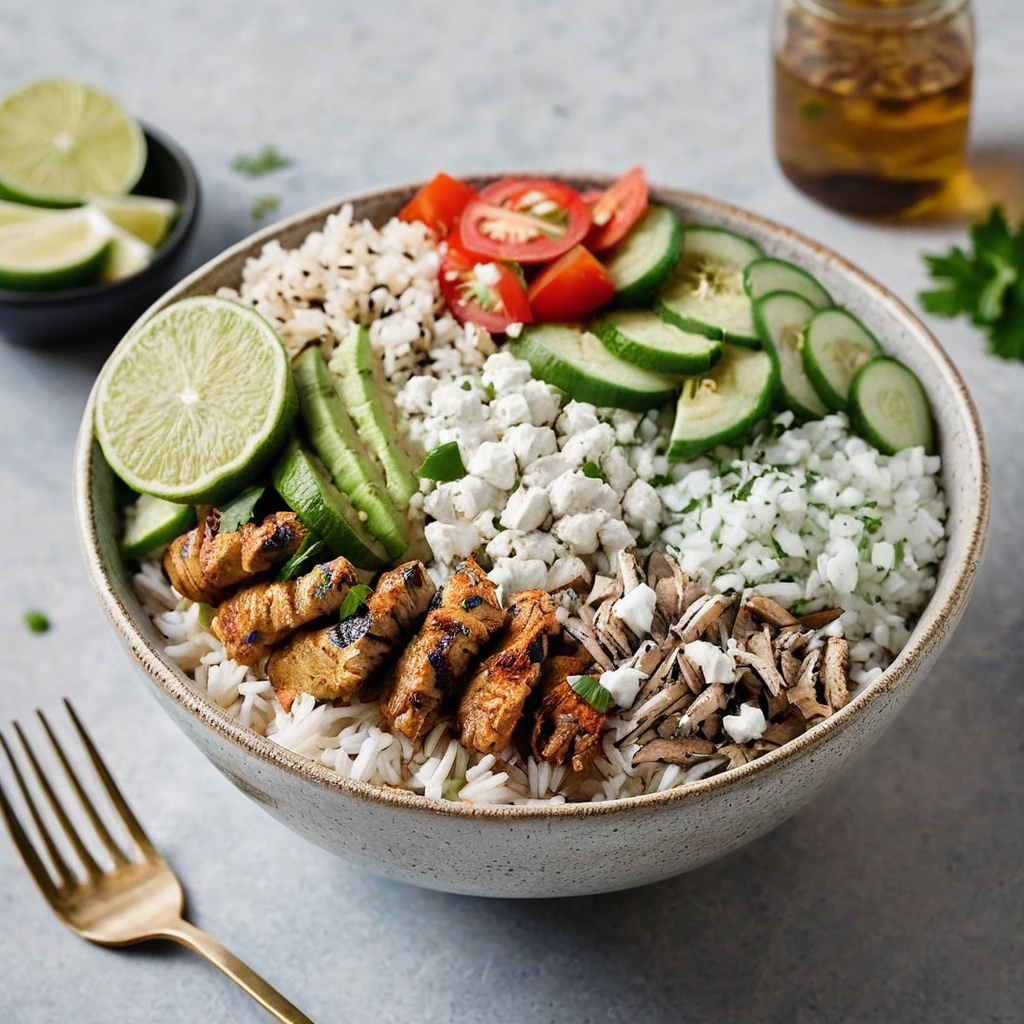 Bowl of fluffy rice topped with sliced grilled chicken, tzatziki sauce, diced tomatoes, and cucumbers.
