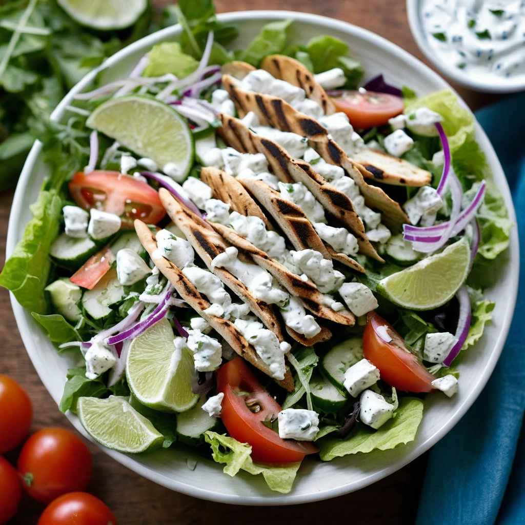 Colorful salad bowl with grilled chicken slices, mixed greens, tomatoes, cucumbers, and a drizzle of white sauce.