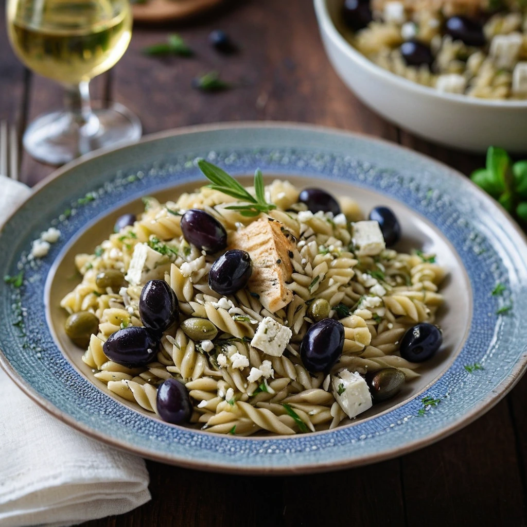 Golden orzo pasta mixed with diced chicken, green olives, feta cheese, and fresh herbs in a vibrant yellow sauce.