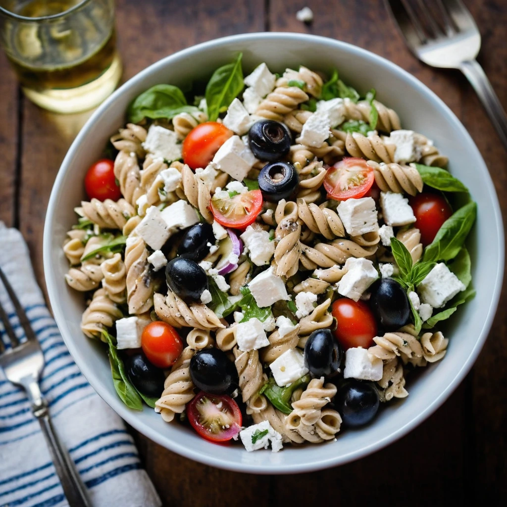 Colorful pasta salad in a bowl with chunks of chicken, feta cheese, olives, and tomatoes.