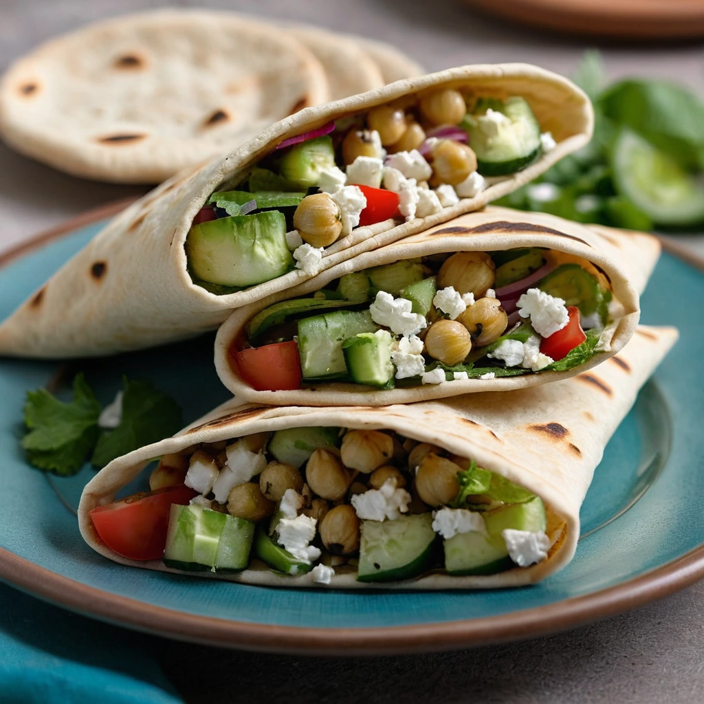 Warm pita pockets filled with a colorful salad of chickpeas, diced cucumber, tomatoes, and feta cheese.